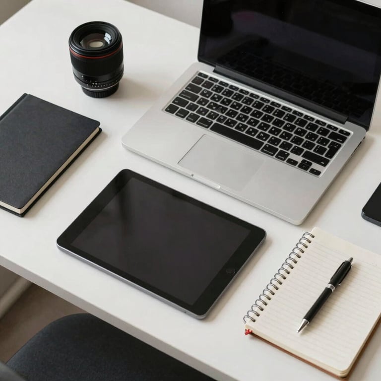 An overhead shot of a clean desk setup with a laptop, tablet, and notebook, showcasing a professional and organized North American workspace.