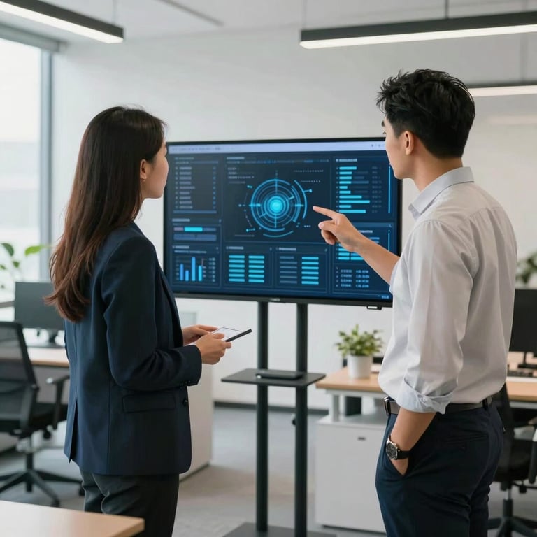 Two professionals in smart-casual attire discussing AI data on a screen in a bright, modern US office with minimalist furniture.