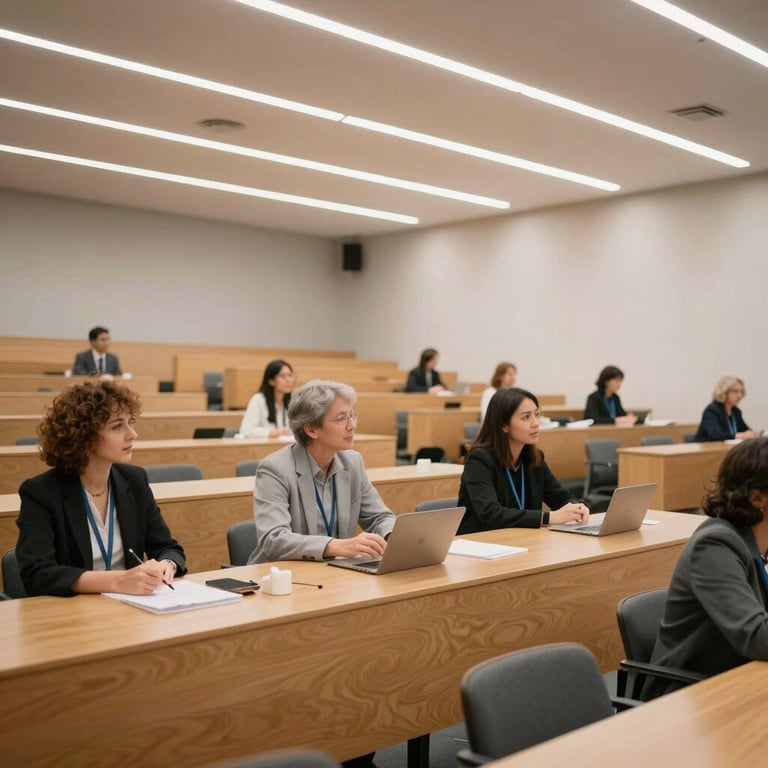 A wide photography of a modern lecture hall where a professional seminar is taking place, featuring clean lines and a professional atmosphere.