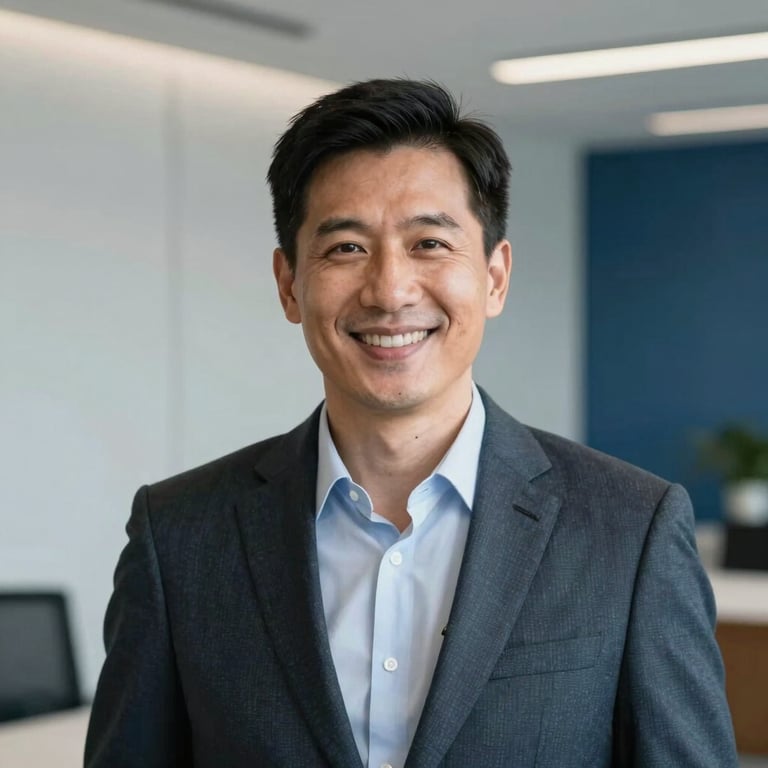 Professional headshot of a smiling business leader in a modern North American urban office with a light gray and navy blue backdrop.