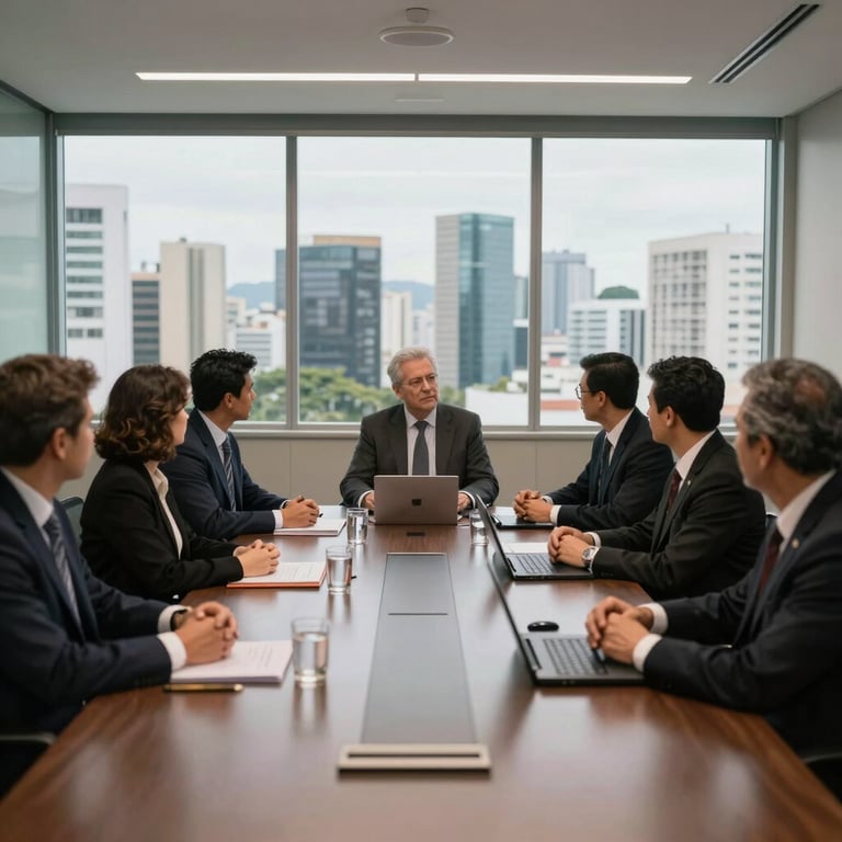 A professional team meeting in a glass-walled conference room with a view of a Brazilian city skyline.
