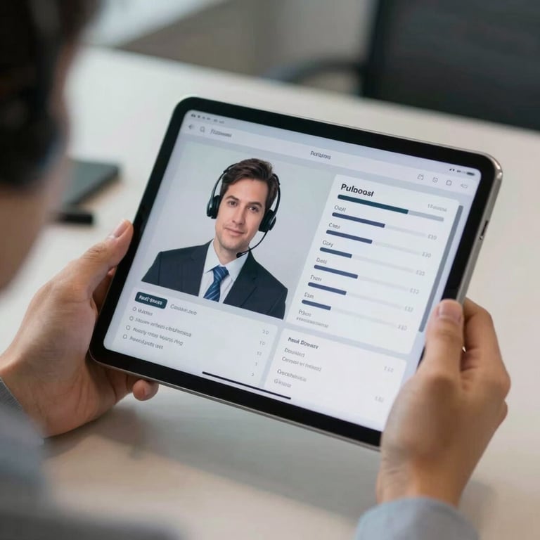 Close-up of a professional using a tablet to monitor real-time call center metrics in an office.