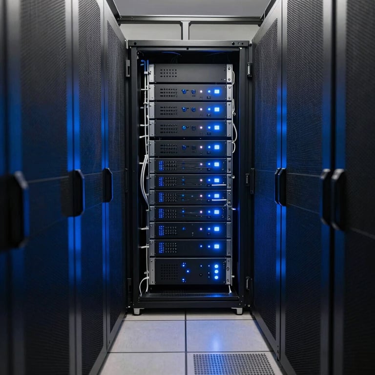 A modern server room in Brazil with clean lines and glowing blue lights, representing high-tech infrastructure.
