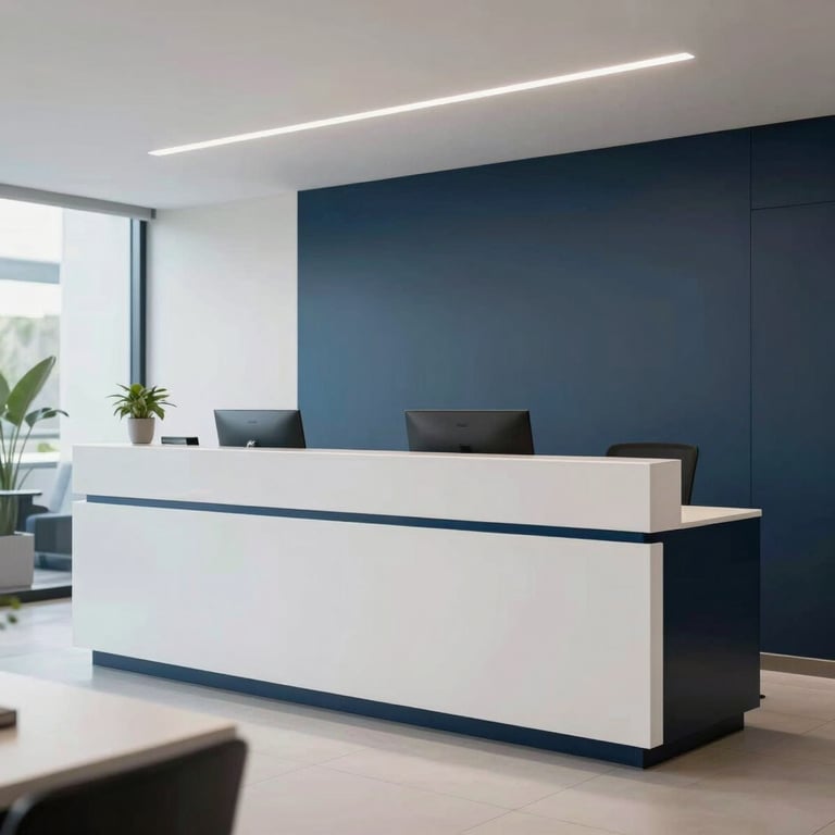 A sleek reception area of a South American tech company, featuring white furniture and dark blue accents.