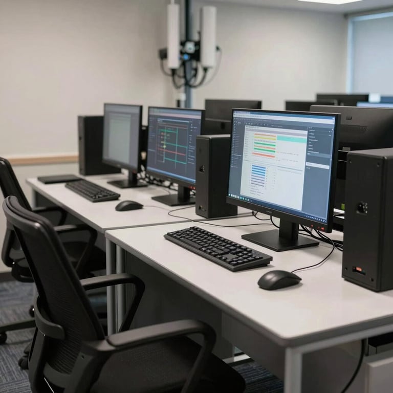 A well-organized telecommunications workstation with ergonomic furniture and advanced communication tools.