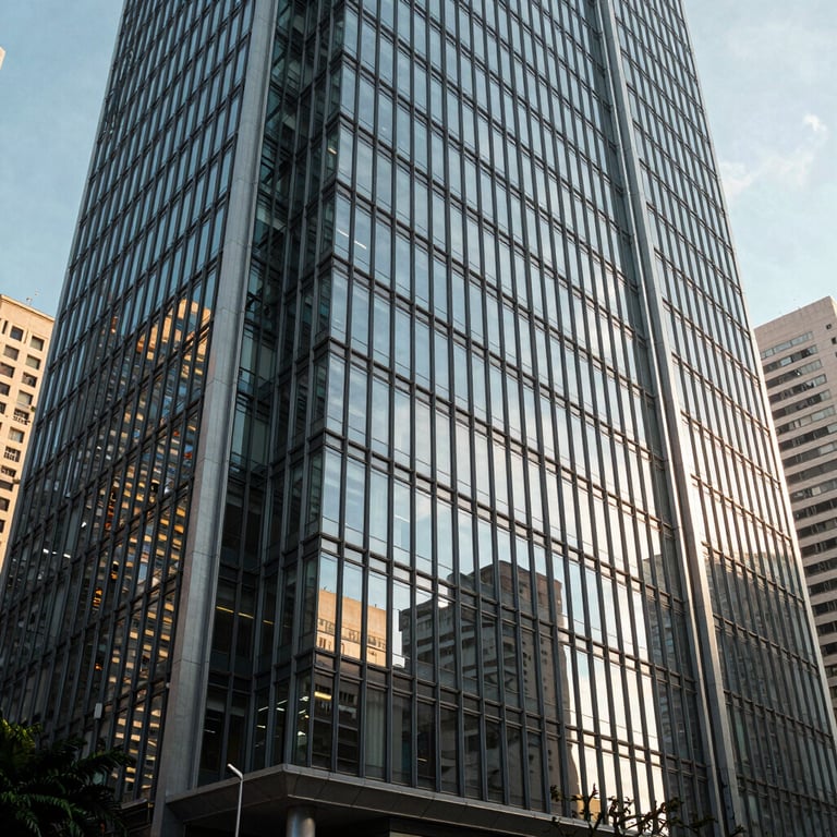 Exterior of a contemporary glass and steel corporate building in a major Brazilian business district.