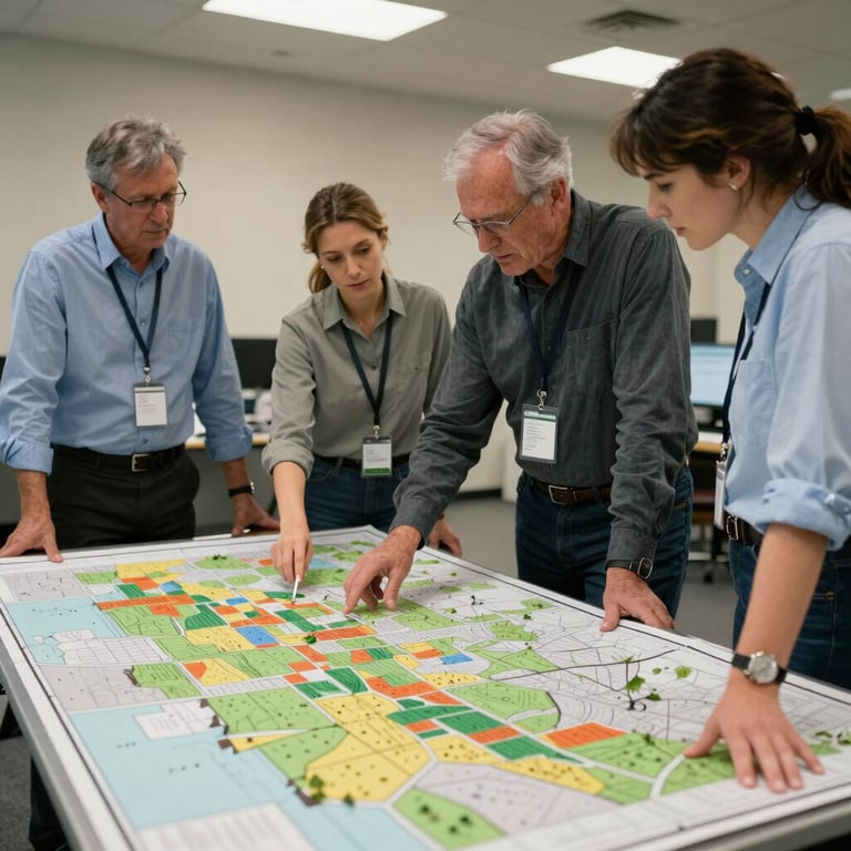 A team of agricultural consultants in a professional North American setting discussing a large map of land use.