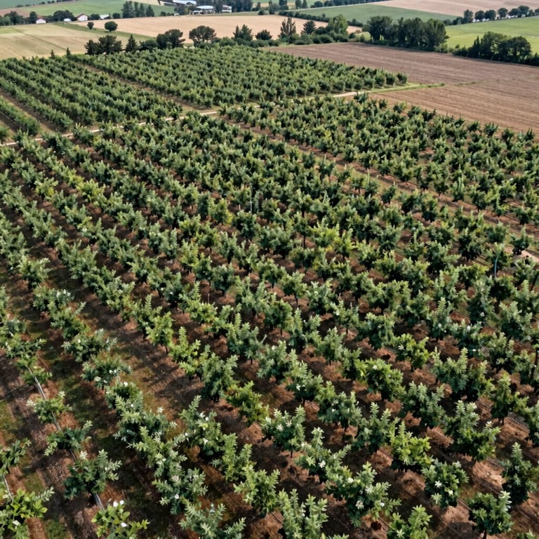 A crisp, aerial view of a precision-planted organic orchard in a North American valley, highlighting structured growth.