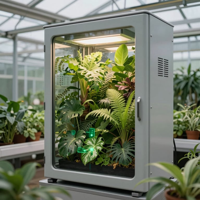 Interior of a high-tech greenhouse with vibrant organic greens and advanced climate control systems.