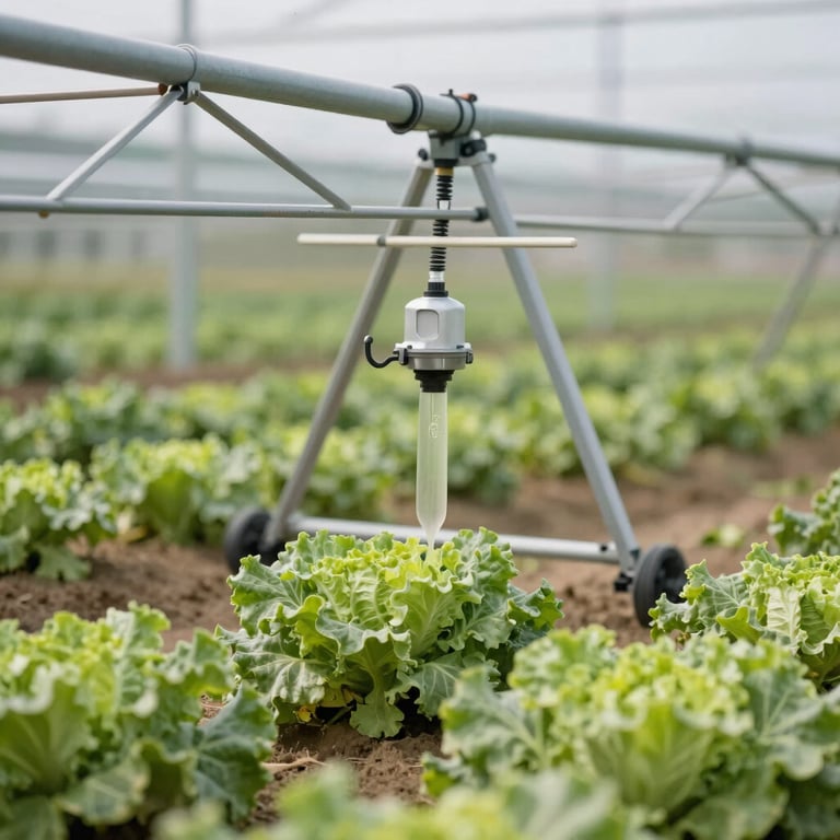 Close-up of automated organic irrigation systems in a modern vegetable operation, sophisticated and efficient feel.