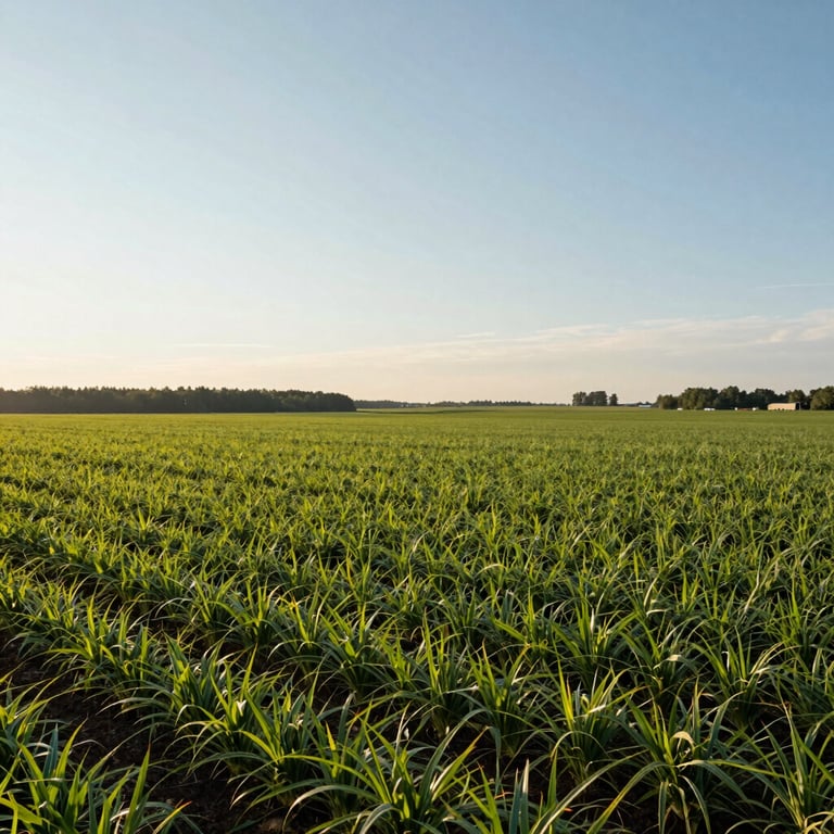 Professional landscape photography of a large-scale sustainable farm in North America, clean layout, late afternoon sun.