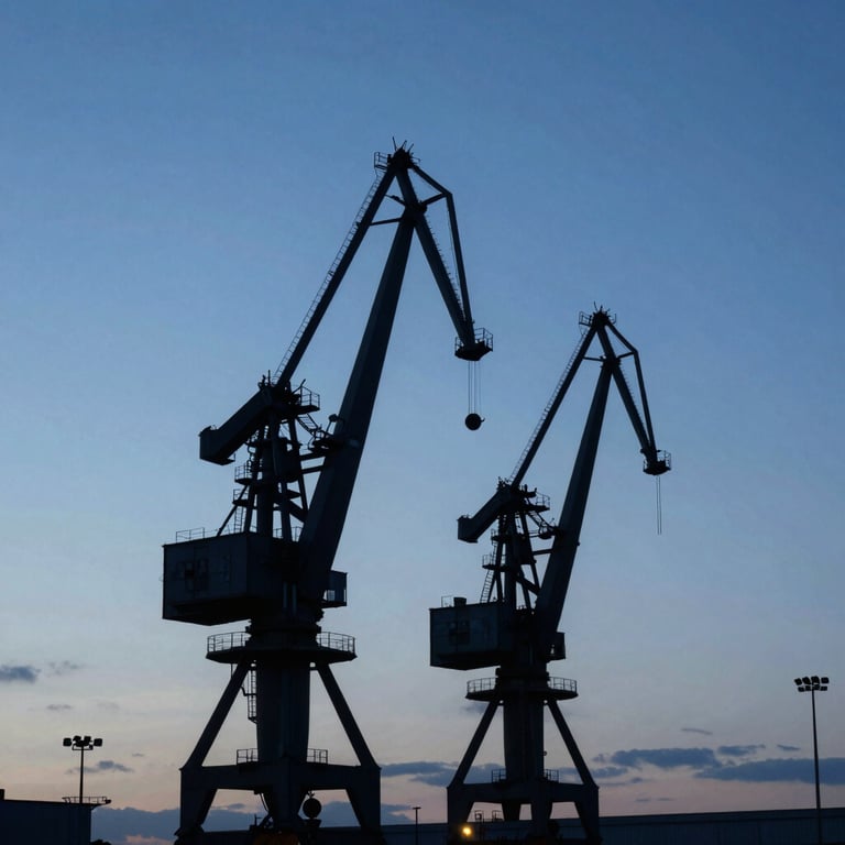 Industrial port cranes silhouette against a sophisticated medium blue twilight sky.