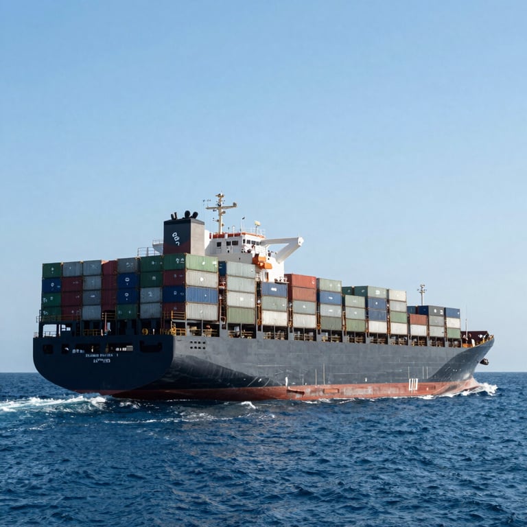 A large container ship navigating deep blue ocean waters under a clear, professional sky.
