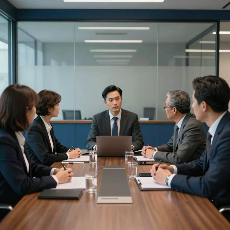 A high-stakes business negotiation in a sleek boardroom with dark blue accents and glass walls.