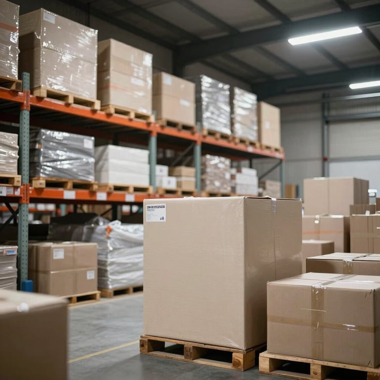 Professional photography of a state-of-the-art South Asian warehouse with organized export goods and off-white lighting.