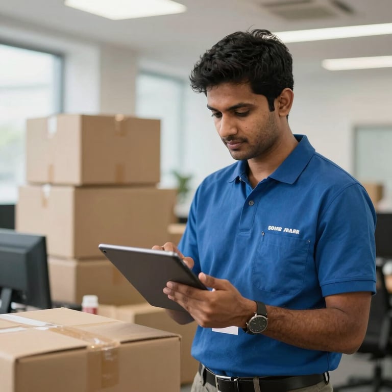 A logistics professional using a tablet to track international shipments in a bright, modern South Asian office.