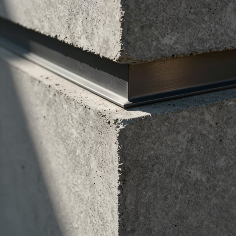 Close-up of raw architectural concrete block meeting a polished dark metal trim, dramatic side lighting, sharp focus on material textures.