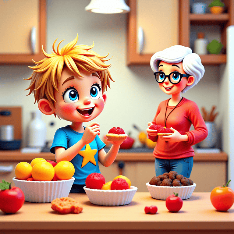 Alvey and Nanny eating fruit and cakes in the kitchen alveystarr.com