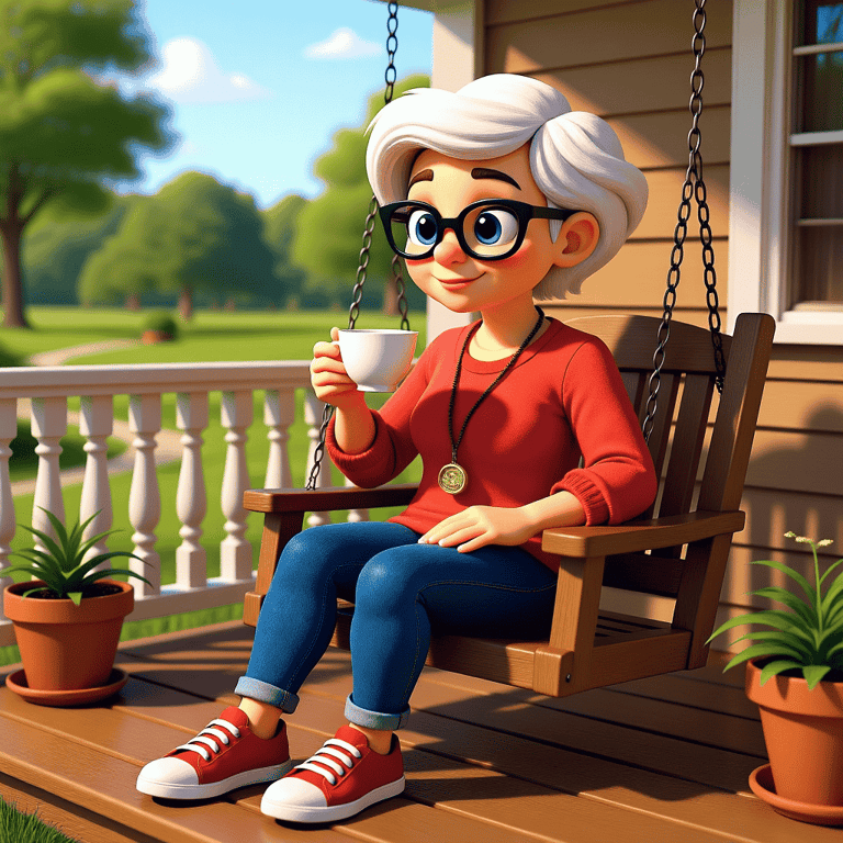 Nanny drinking tea and looking at the garden alveystarr.com