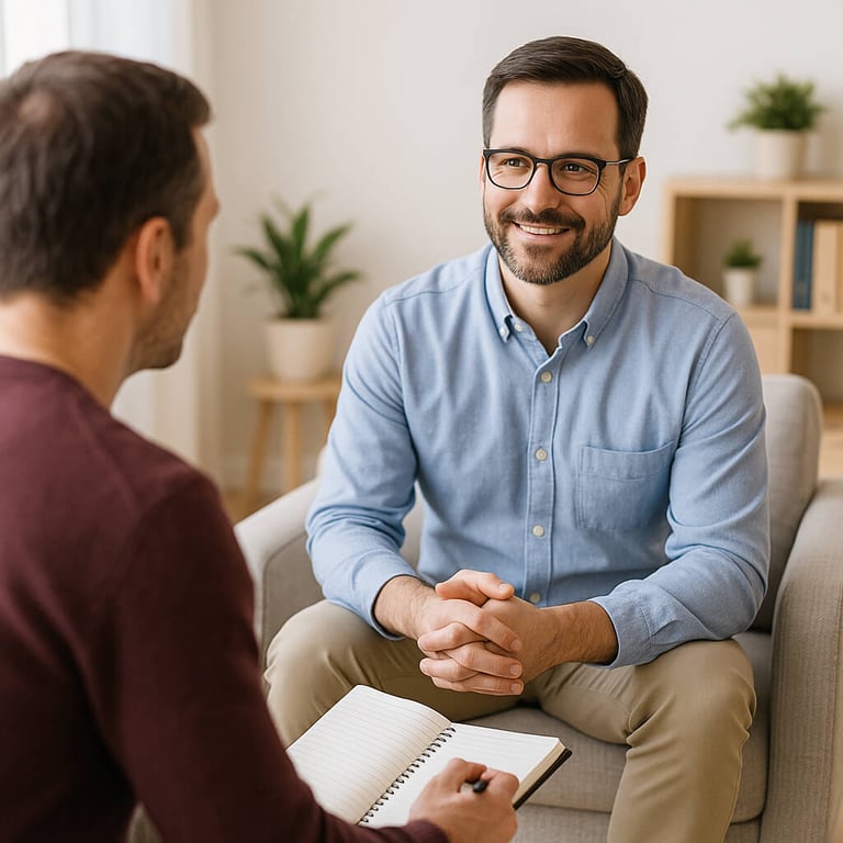 Un homme en accompagnement de bilan de compétences avec des outils modernes et structurés