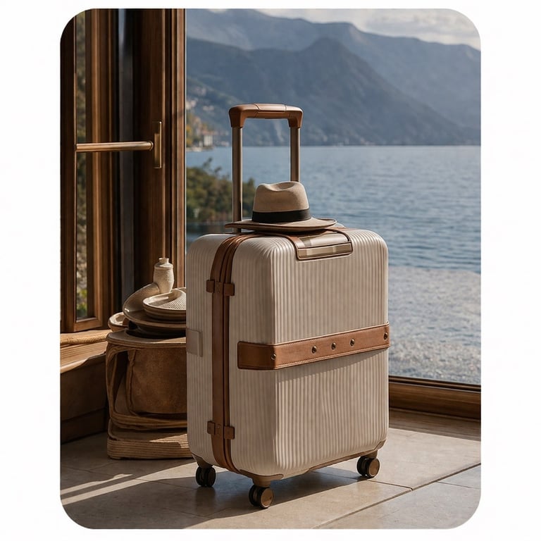 Luxury suitcase by window overlooking coastal landscape.