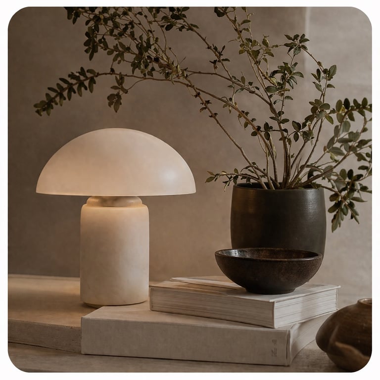 Minimalist home decor with lamp, books and plant.