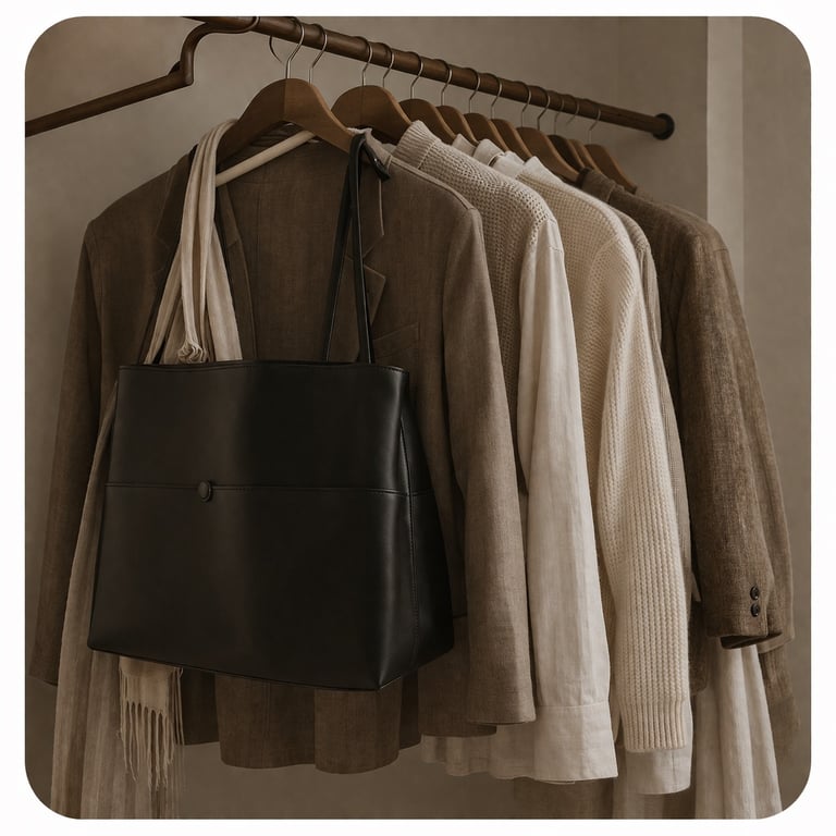 Neutral capsule wardrobe with leather tote and knitwear.