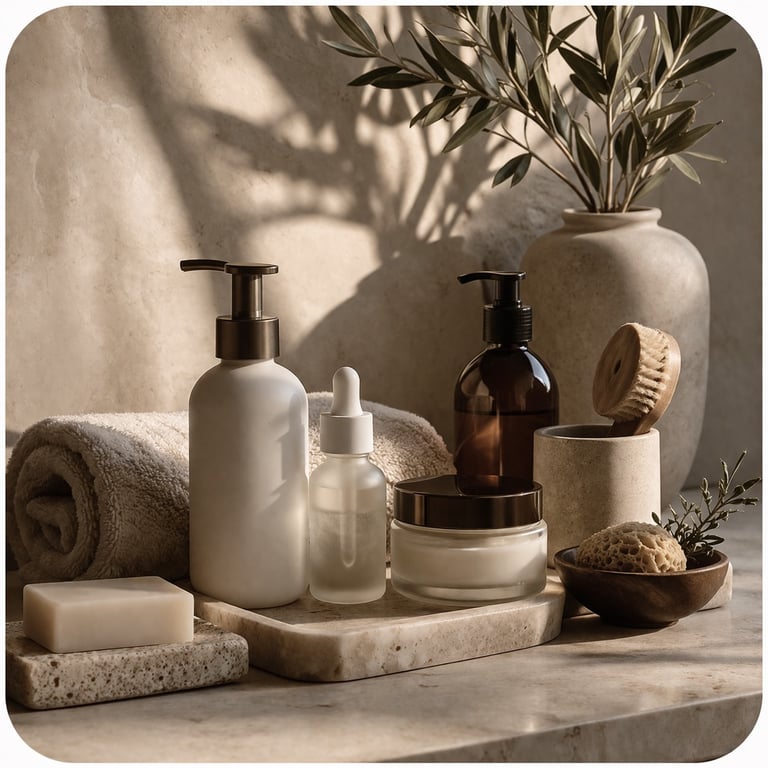 Luxury skincare products arranged in soft natural light.