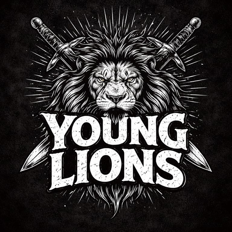 Black and white graphic of a lion head with crossed swords and Young Lions text.