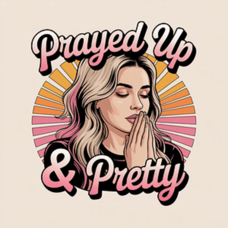 Retro illustration of a praying woman with the text Prayed Up and Pretty in pink and white.