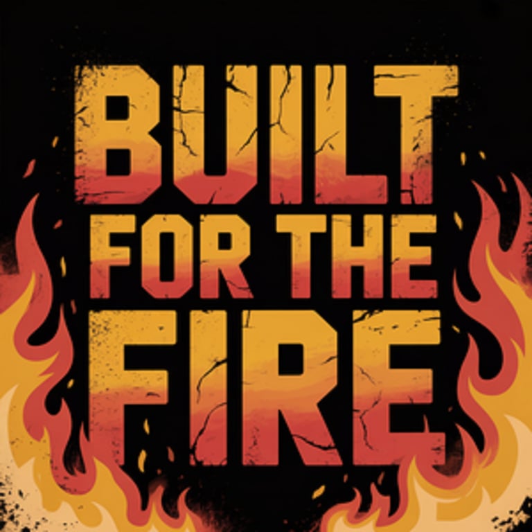 Graphic text reading Built For The Fire with a sunset gradient and orange flame borders.
