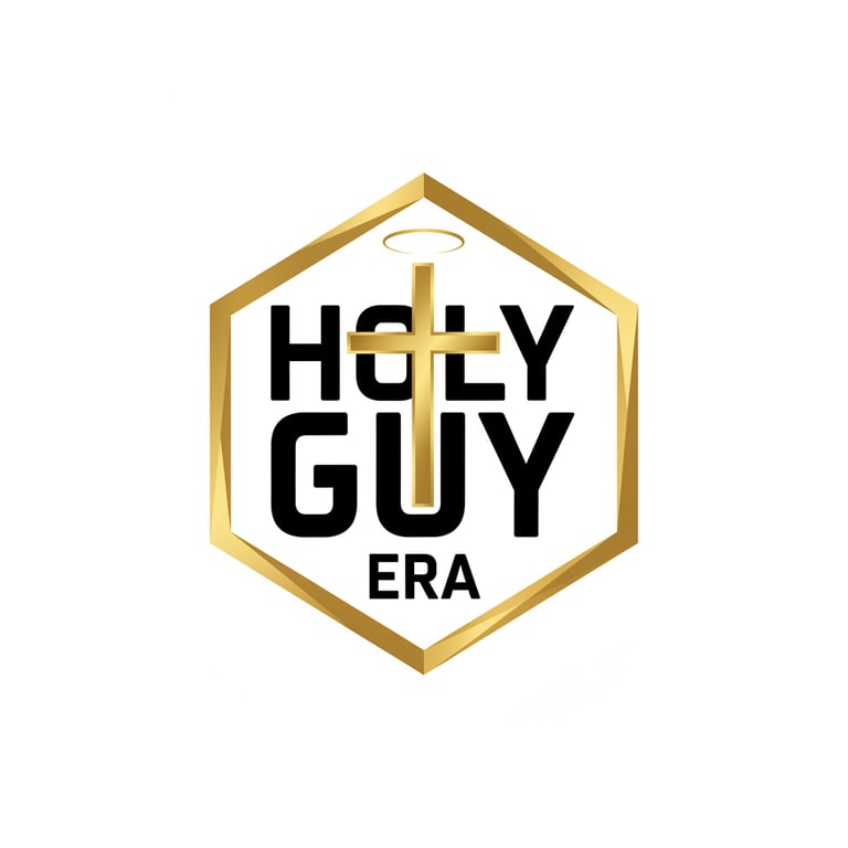 Holy Guy Era logo with a gold Christian cross and halo inside a metallic gold hexagon frame.