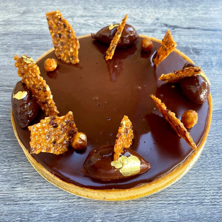 Tarte au chocolat et feuilles d'or - 71120 Charolles - Jcc chef Pâtissier Patisserie gourmandise Jean-Christian chevalier 