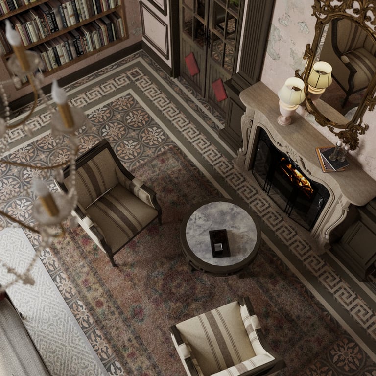 Classical luxury living room interior in Dubai featuring marble fireplace and European detailing