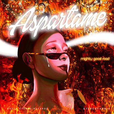 Aspartame single art by Mighty Good Road. A woman in sunglasses weeps while sipping a diet cola. 