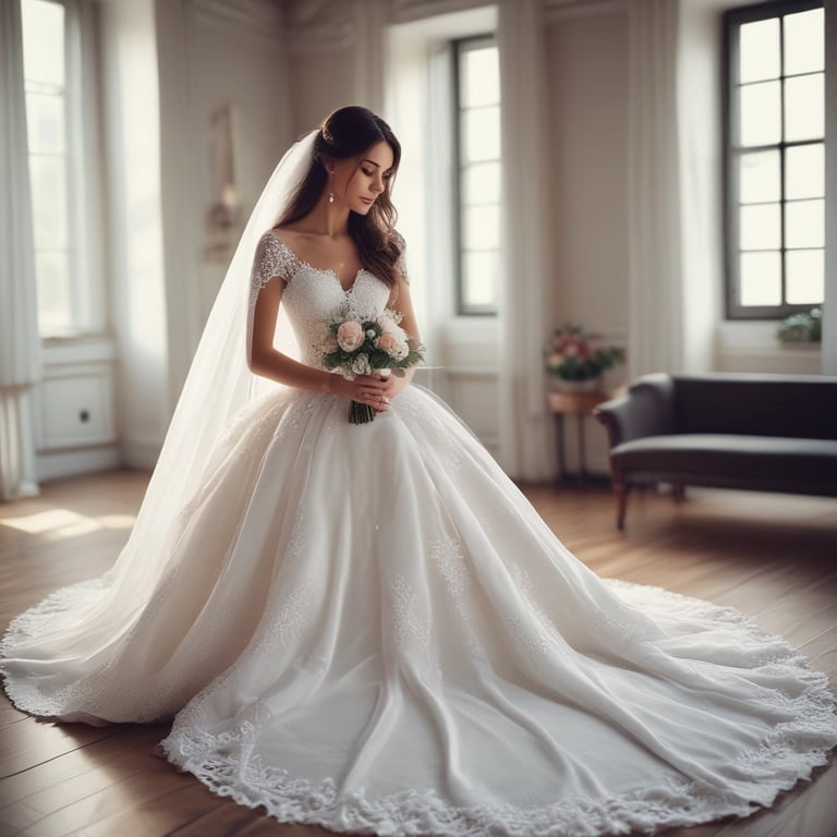 A bride in an elaborate wedding dress is posing, surrounded by a large group of photographers capturing her with professional cameras. The scene is set indoors, with natural light coming through large windows and additional lighting equipment in use.