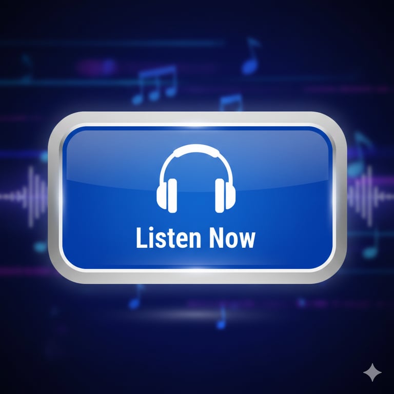 A glossy blue Listen Now button with a white headphone icon over a dark musical background.