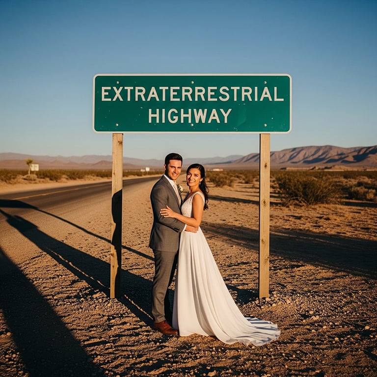 a bride and groom standing in front of a sign that says extraterrestial
