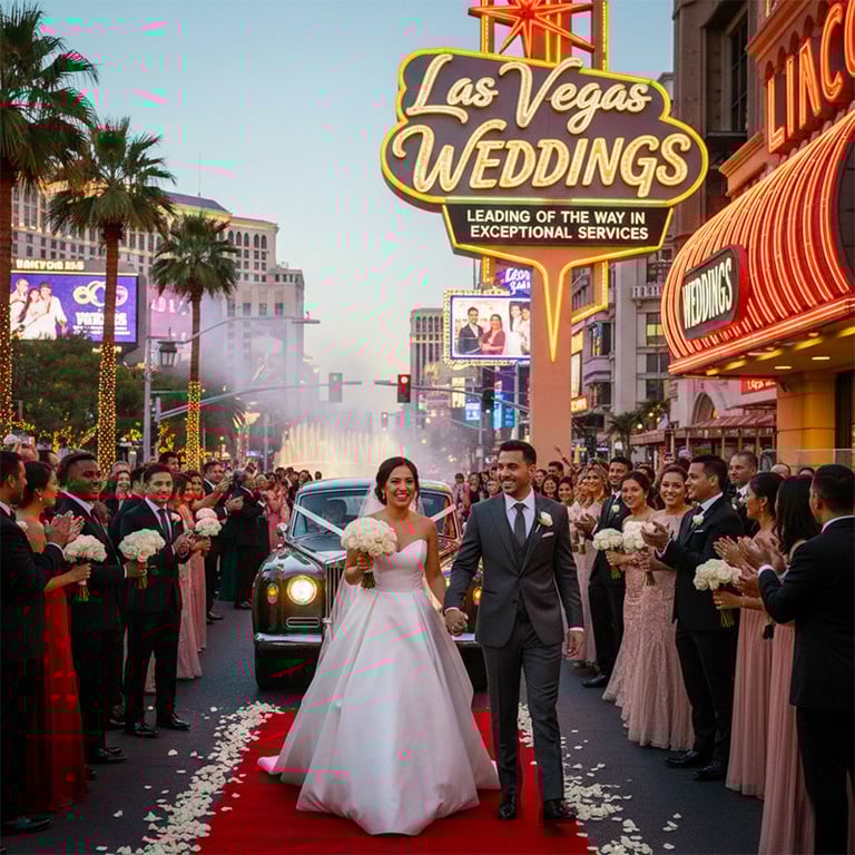 a bride and groom walking down the aisle of a las vegas wedding