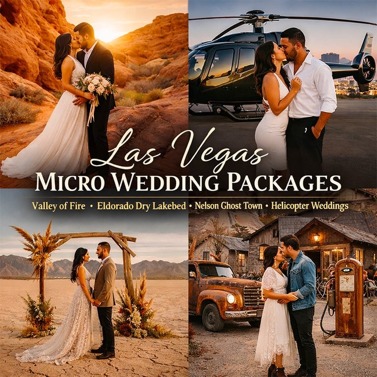 Las Vegas micro wedding packages featuring couples at Valley of Fire, Nelson Ghost Town, and helicopter ceremonies.