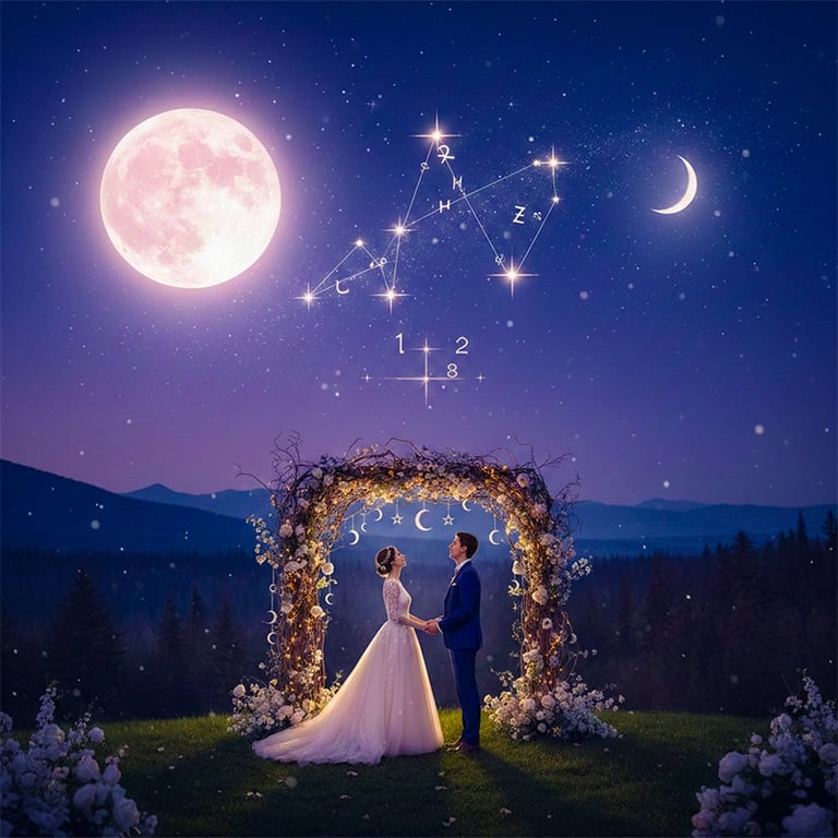 A couple holds hands under a floral archway against a magical night sky with full moon and stars.