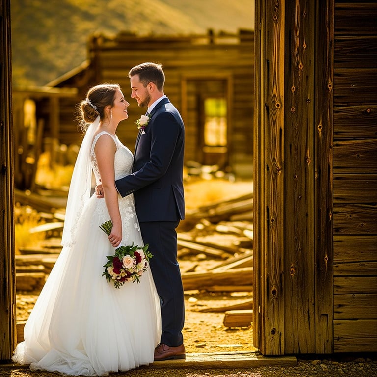 a bride and groom standing in front of a barn