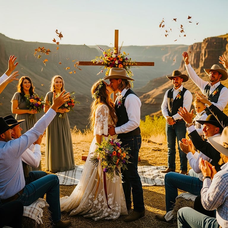 a couple of people standing in front of a cross