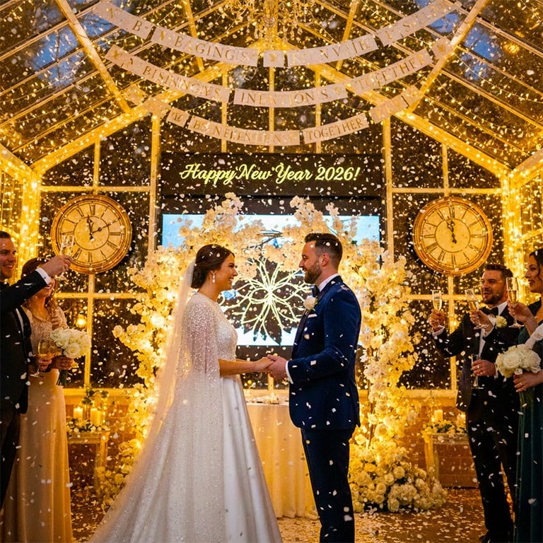 a bride and groom are standing in front of a large clock