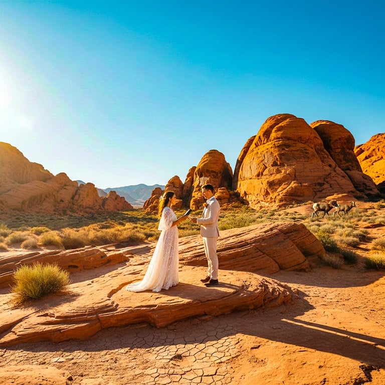 A couple exchanges wedding vows during a desert elopement in Valley of Fire State Park at sunset.