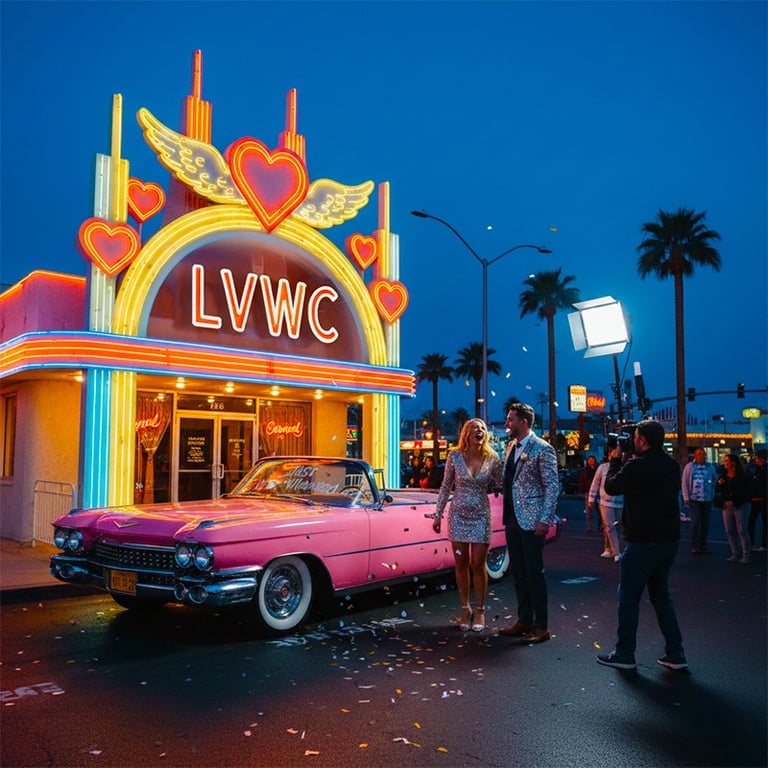 a pink car parked in front of a neon sign