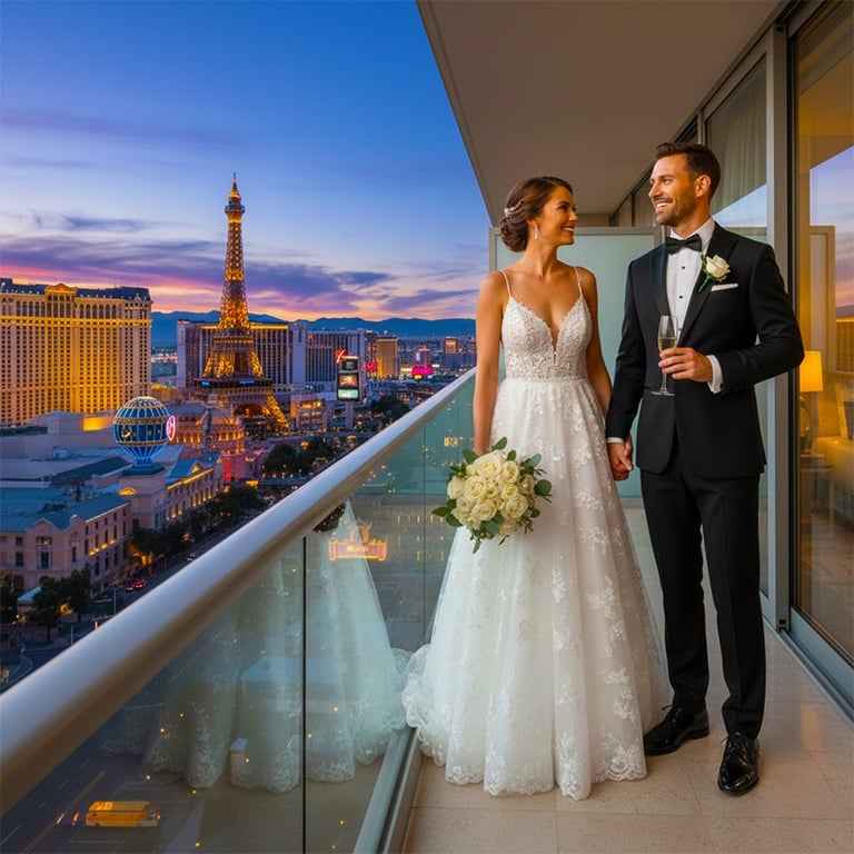 a bride and groom standing on a balcony balcony