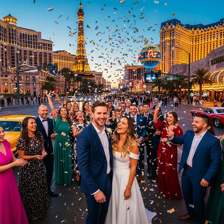 a bride and groomsmid are standing in front of a city street
