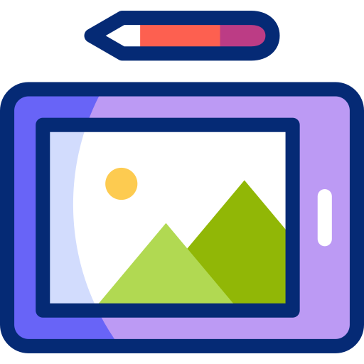Digital drawing tablet icon with a stylus pen showing a mountain landscape illustration.