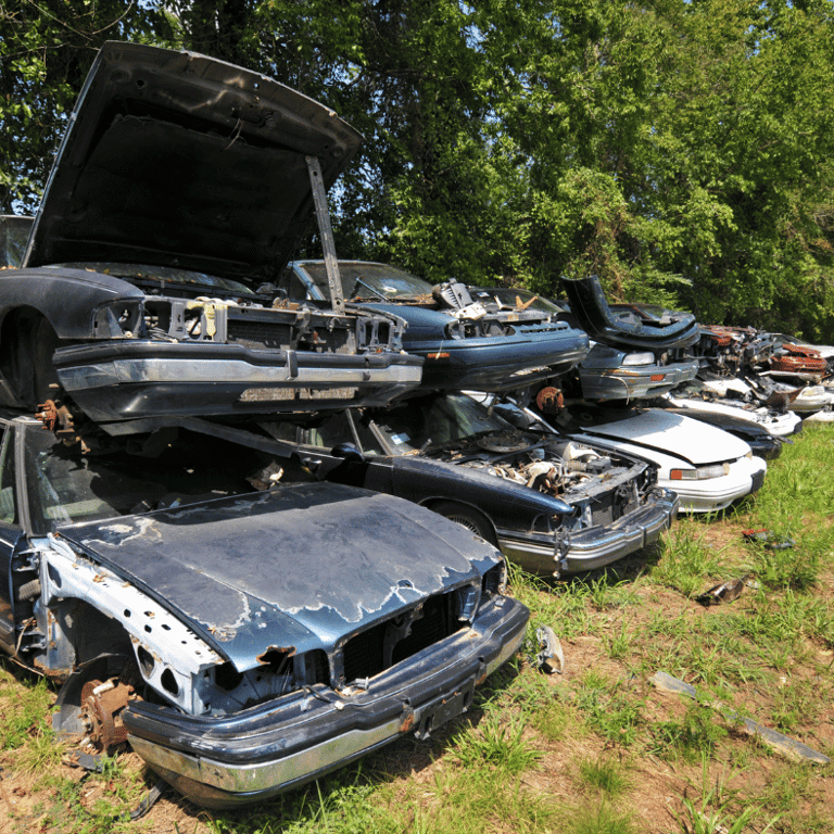 A bunch of scrap cars parked in a lot.